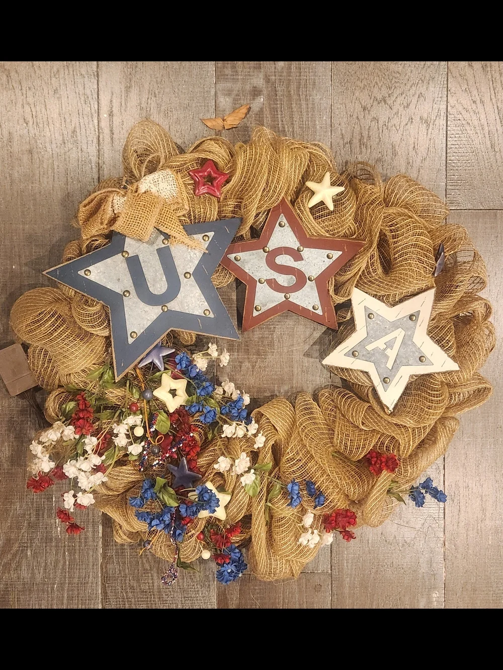 Light Up Patriotic Burlap Wreath with Red, White & Blue Stars. Burlap